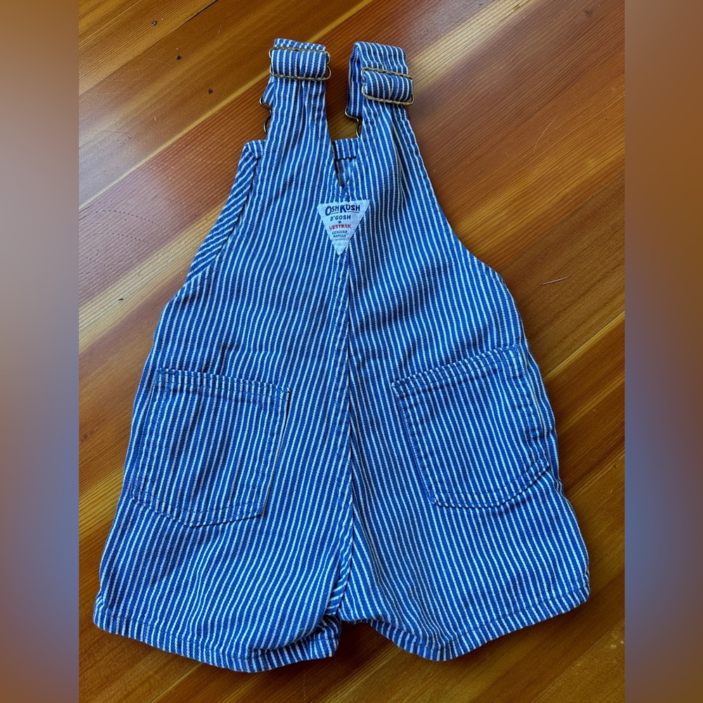 Vtg Oshkosh Bgosh Shortalls Unisex Children's Sz 2T Blue Engineer Stripe 90s - Picture 2 of 4